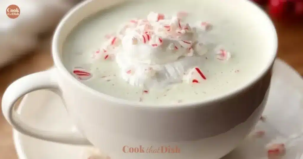 Homemade peppermint tea latte in a cozy mug with whipped cream on top