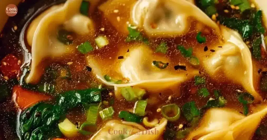 Bowl of homemade Potsticker Soup with dumplings and fresh herbs