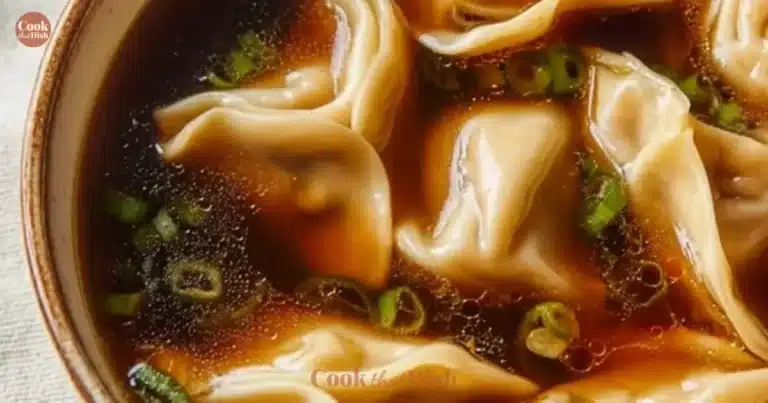 Warm potsticker soup with dumplings and herbs in a bowl