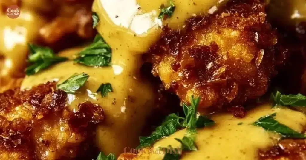 Crispy Pretzel Chicken with mustard-cheddar sauce on a plate