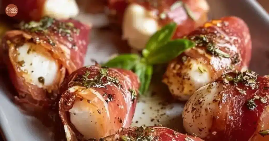 Plate of prosciutto wrapped mozzarella bites appetizer
