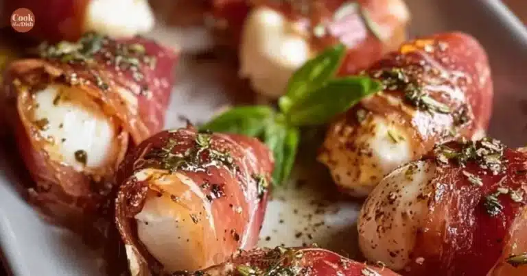 Plate of prosciutto wrapped mozzarella bites appetizer