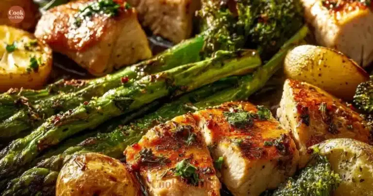 Sheet pan garlic butter chicken with colorful veggies ready to serve