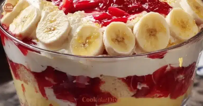 Delicious strawberry banana pudding topped with fresh strawberries and bananas.