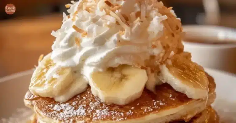 Fluffy sweet coconut cream pancakes topped with fresh coconut and syrup.