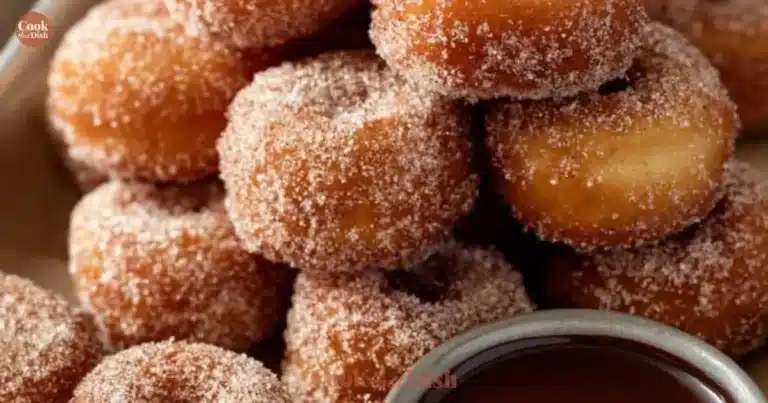 Delicious churro donut bites dusted with sugar and cinnamon.