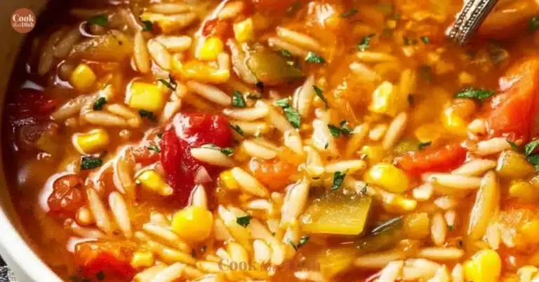 Bowl of hearty Vegetable Orzo Soup with fresh vegetables and orzo pasta