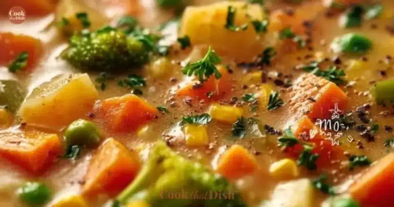 Bowl of Veggie Pot Pie Soup topped with herbs, showcasing colorful vegetables.