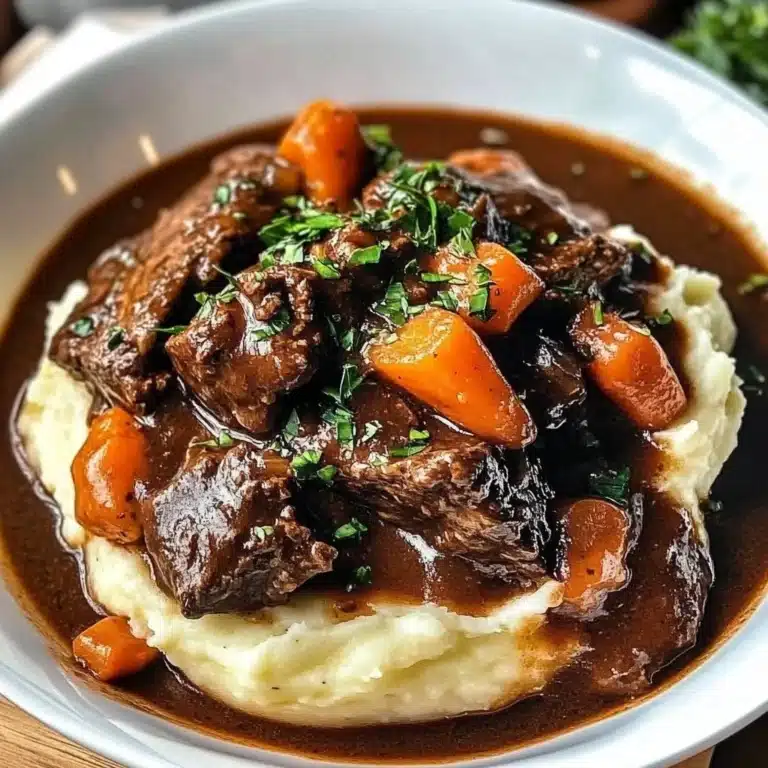 Delicious plate of authentic Beef Bourguignon garnished with herbs