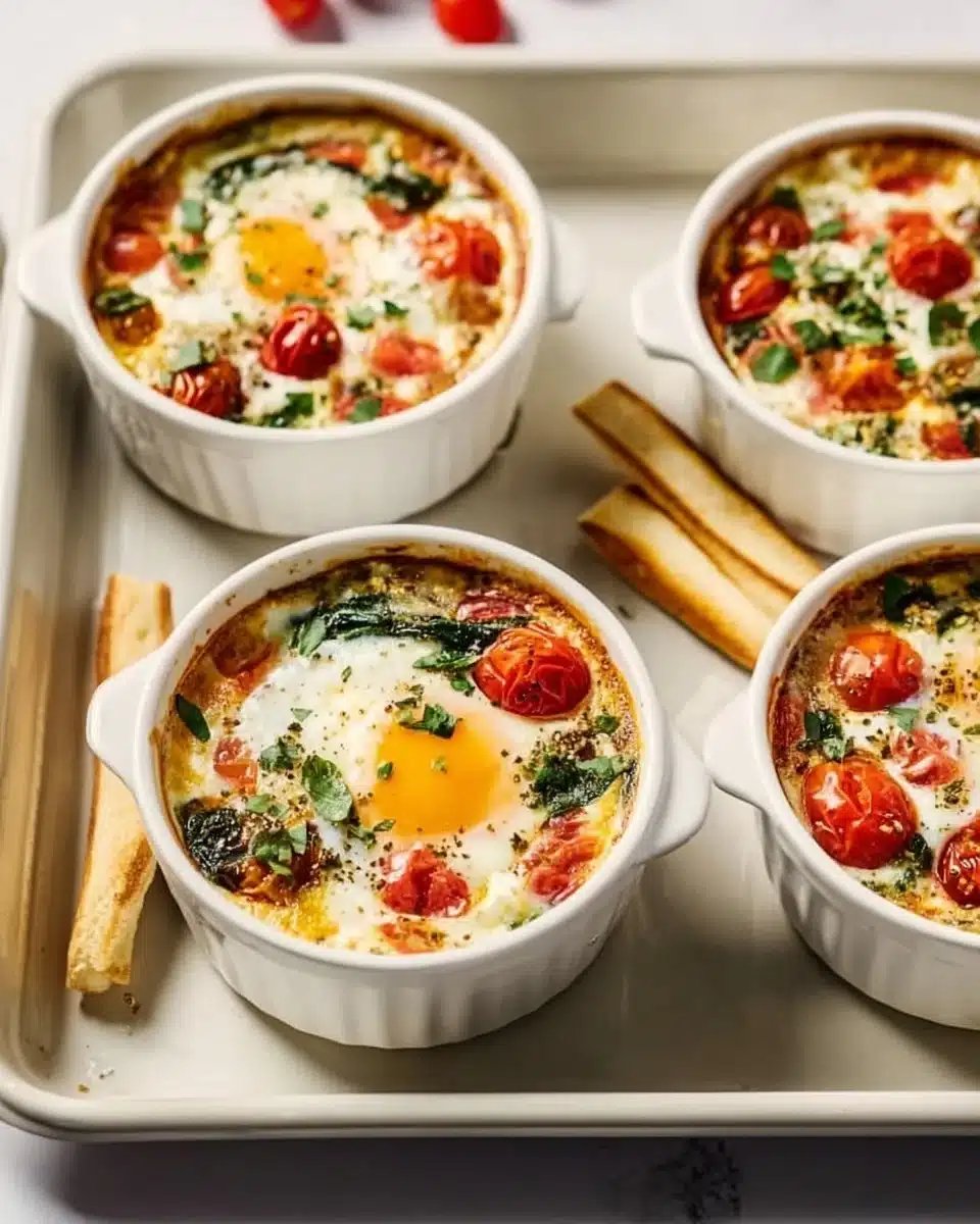 Baked Feta Eggs with Tomatoes and Spinach