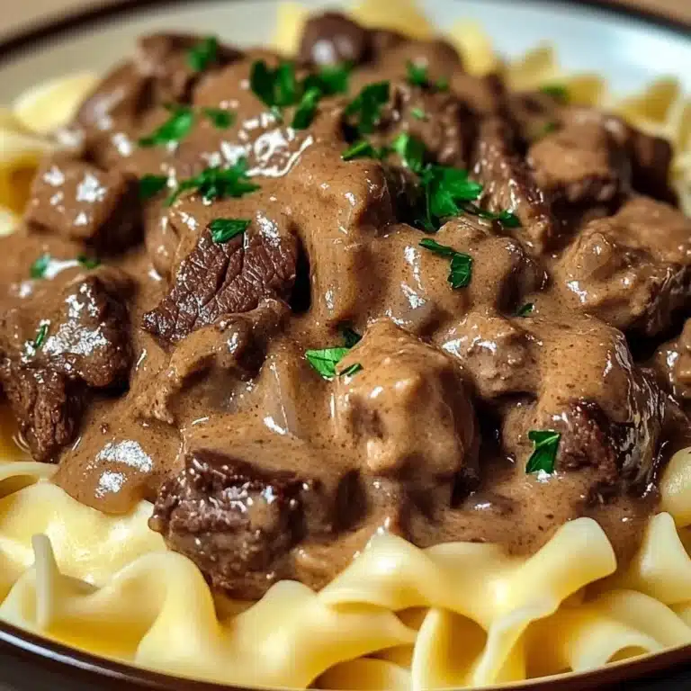 Home homemade recipes Delicious Beef Stroganoff served with egg noodles in a creamy sauce.