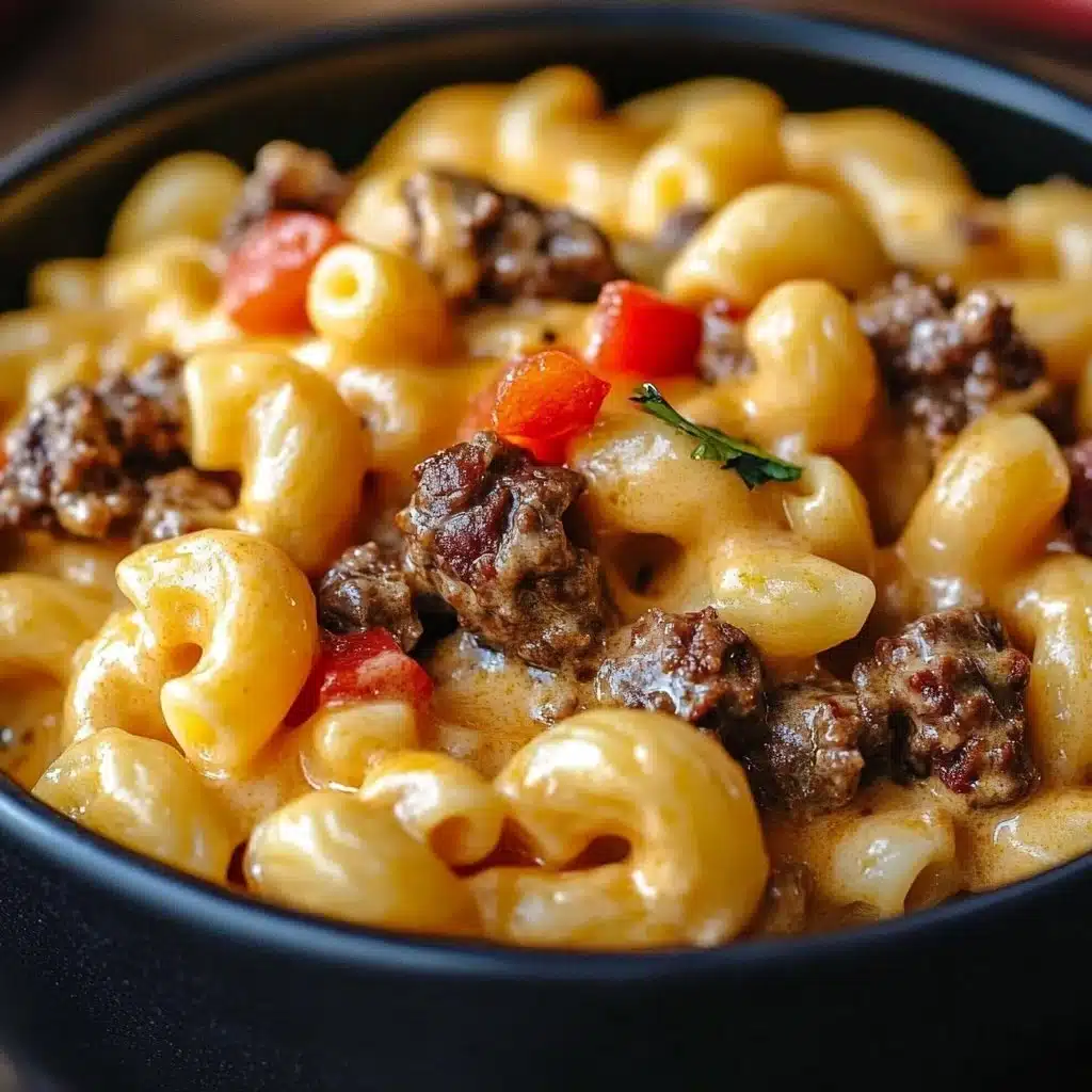 High-protein creamy Philly cheesesteak mac & cheese topped with savory ingredients