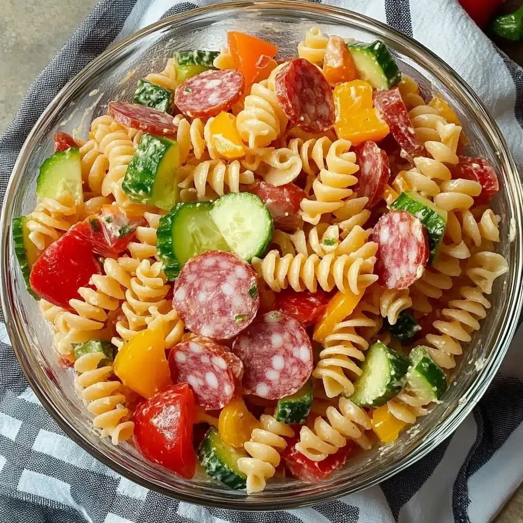 High protein Italian pasta salad with fresh vegetables and herbs