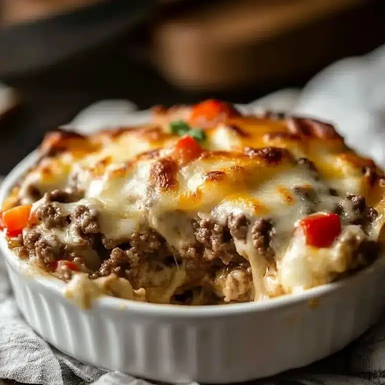 Home homemade recipes A delicious low carb Philly cheesesteak casserole topped with melted cheese.