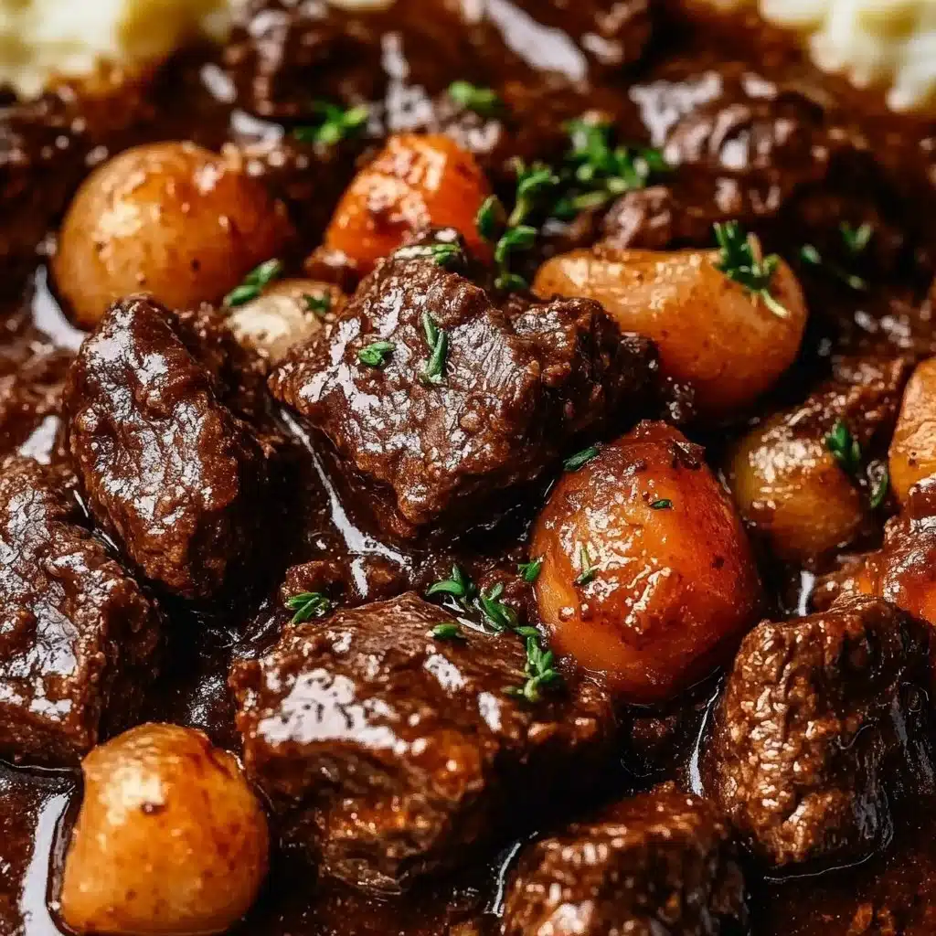 Delicious one pot beef bourguignon with tender beef and rich red wine sauce