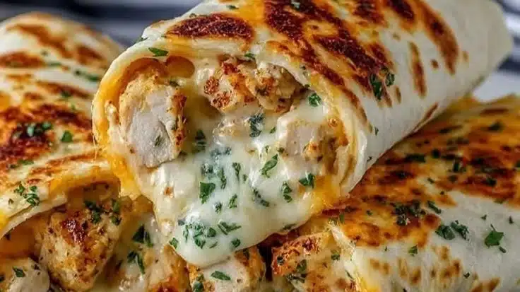 Cheesy garlic chicken wraps with fresh ingredients and melted cheese