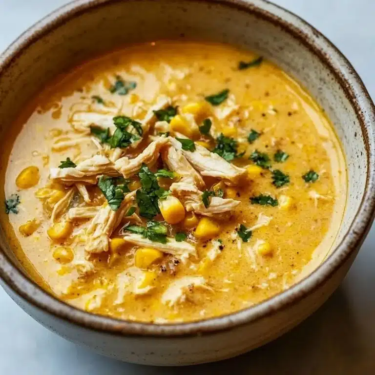 Home homemade recipes A bowl of rich chicken corn chowder garnished with herbs and served with bread.