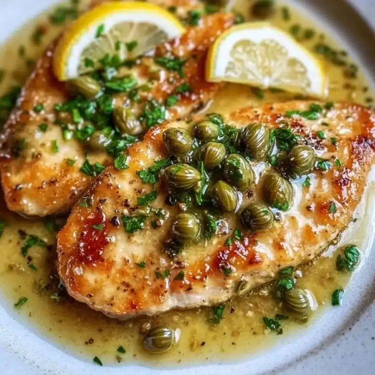 Home homemade recipes Plate of Chicken Piccata garnished with capers and lemon slices