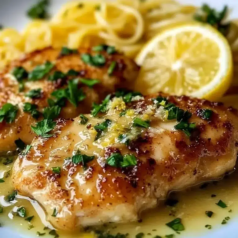 Home homemade recipes Plate of Chicken Piccata with Lemon Sauce garnished with parsley.