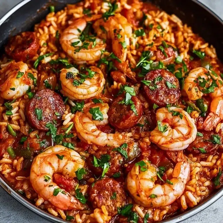 Home homemade recipes Delicious bowl of jambalaya with shrimp, sausage, and rice.