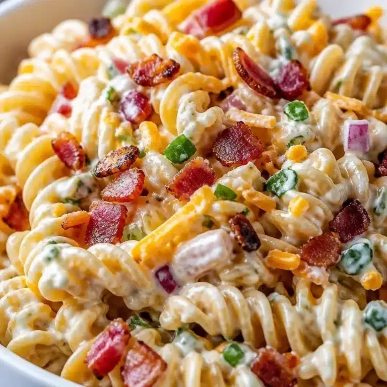 Home homemade recipes Bacon Ranch Pasta Salad with fresh ingredients and crispy bacon bits