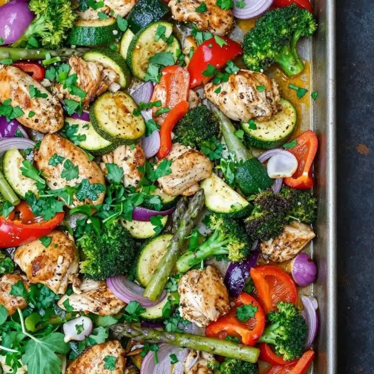Chicken and veggies on a sheet pan ready to be baked for a healthy meal.
