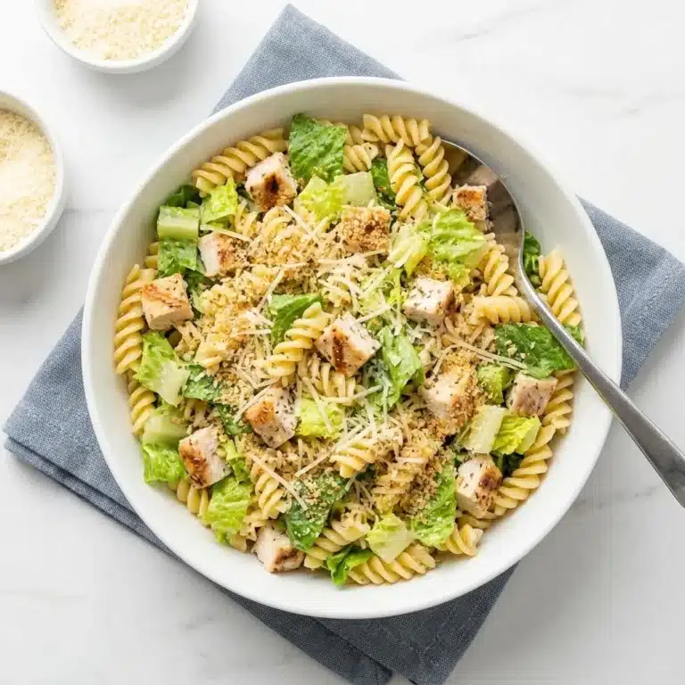 Home homemade recipes Delicious Chicken Caesar Pasta Salad garnished with fresh ingredients