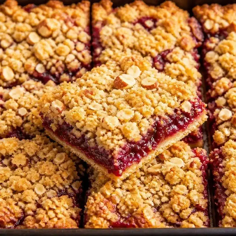 Delicious classic rhubarb crumble bars with a golden crumb topping