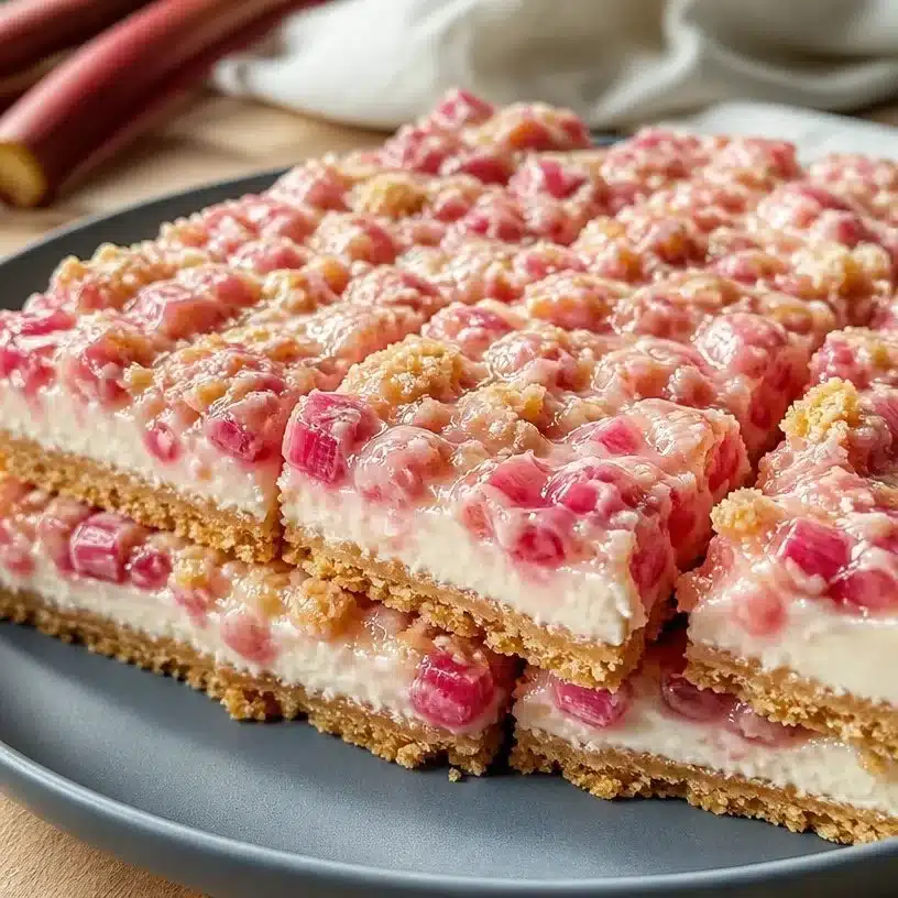 Delicious no bake rhubarb bars served on a summer day