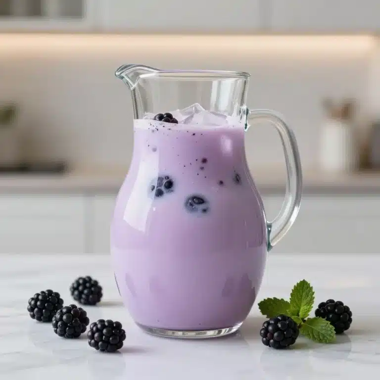 Homemade blackberry coconut pink drink served in a glass with fresh berries and coconut.