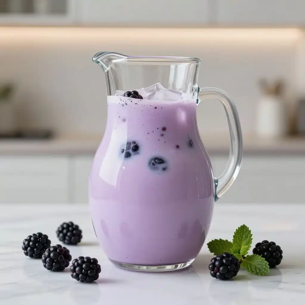 Homemade blackberry coconut pink drink served in a glass with fresh berries and coconut.