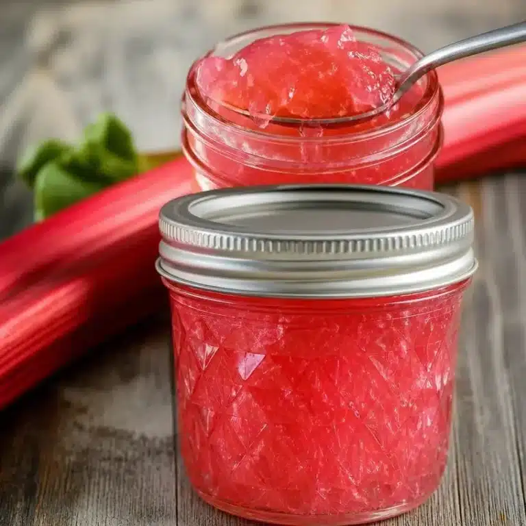 Home homemade recipes Homemade rhubarb jelly in a jar with fresh rhubarb stalks