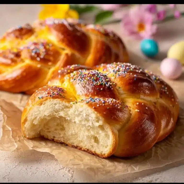 A beautifully braided Italian Easter Bread decorated with colorful eggs.