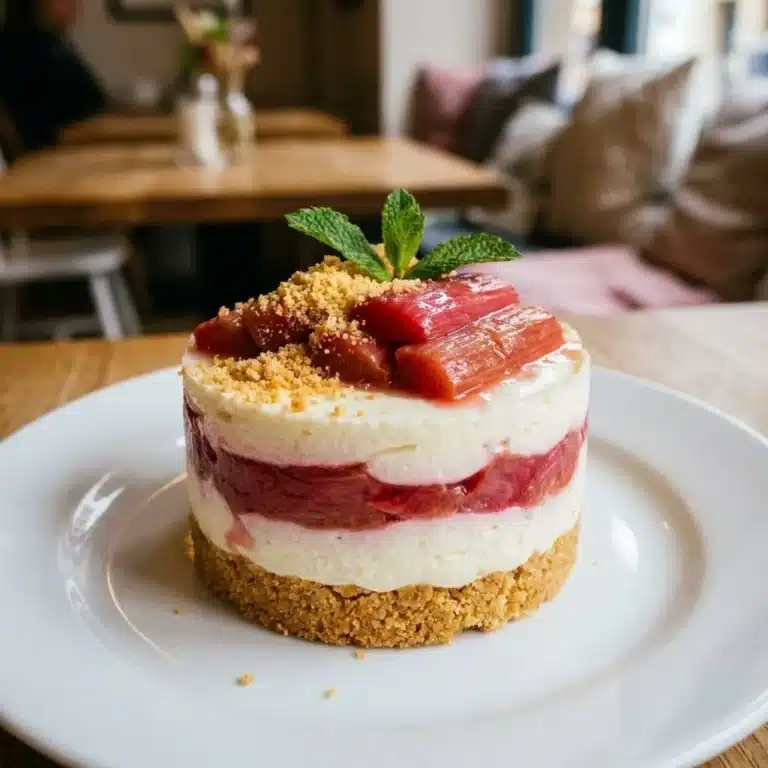Delicious layered rhubarb pudding garnished with whipped cream and fresh rhubarb