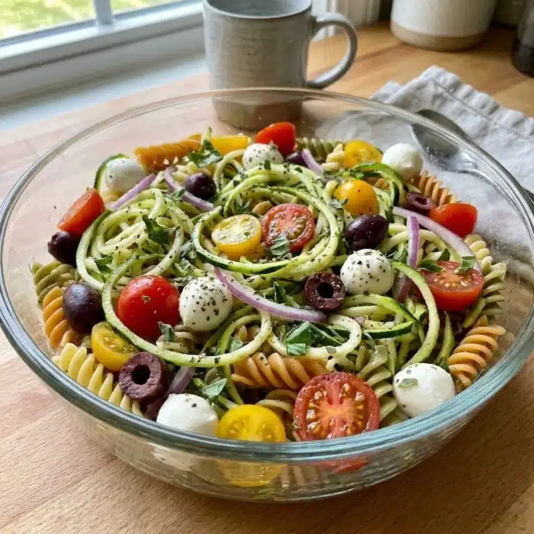 Low-Carb Zoodle Italian Pasta Salad with fresh vegetables and dressing