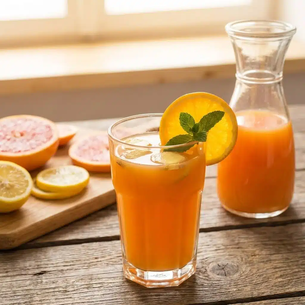 Refreshing citrus morning elixir in a glass with vibrant fruits