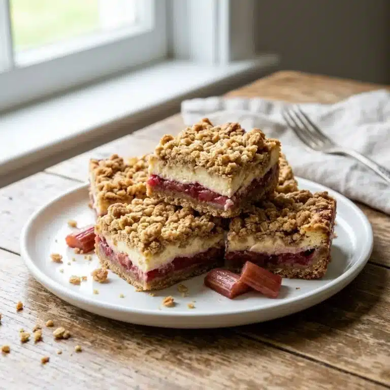 Delicious rhubarb cheesecake bars with a creamy topping and fresh rhubarb garnish