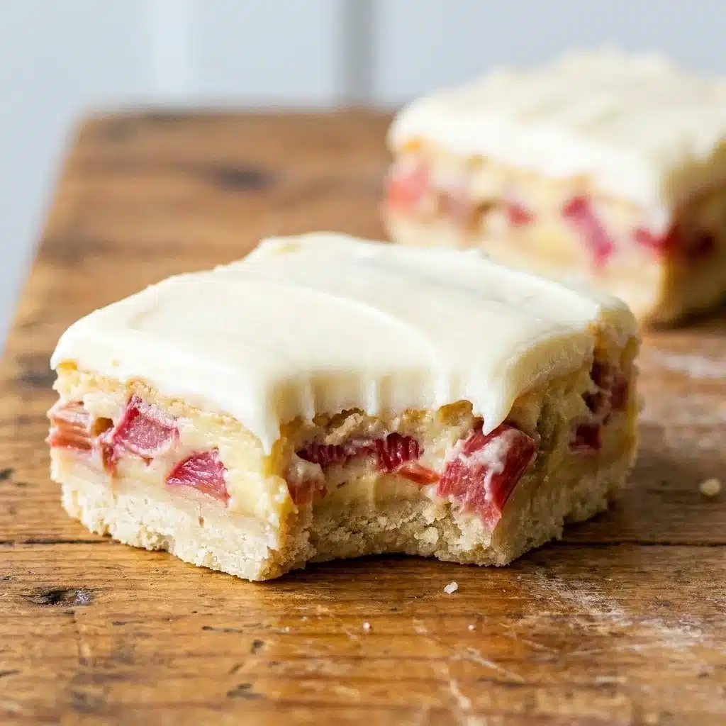 Delicious Rhubarb Custard Bars topped with a creamy layer and served on a plate.