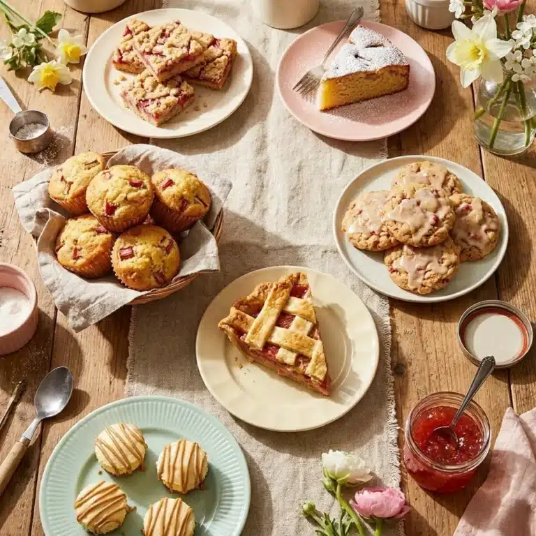 Delicious rhubarb desserts collection featuring pies, crumbles, and cakes.