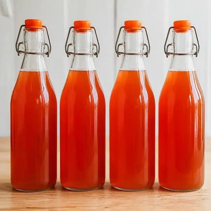 Bottle of rhubarb schnapps with vibrant rhubarb stalks in the background
