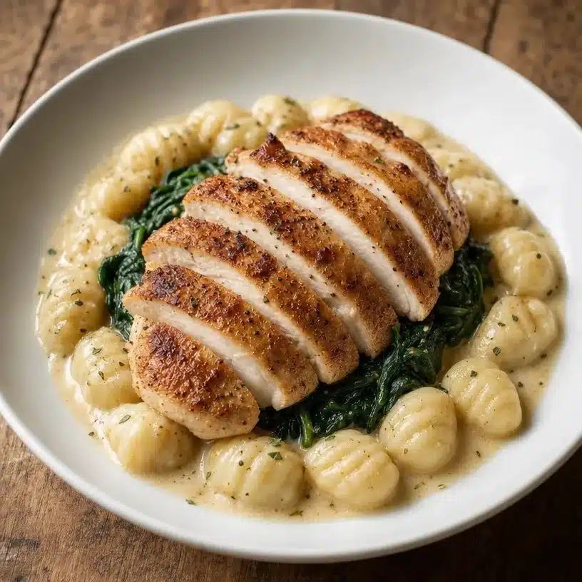 Bowl of delicious slow cooker chicken gnocchi soup with fresh herbs.