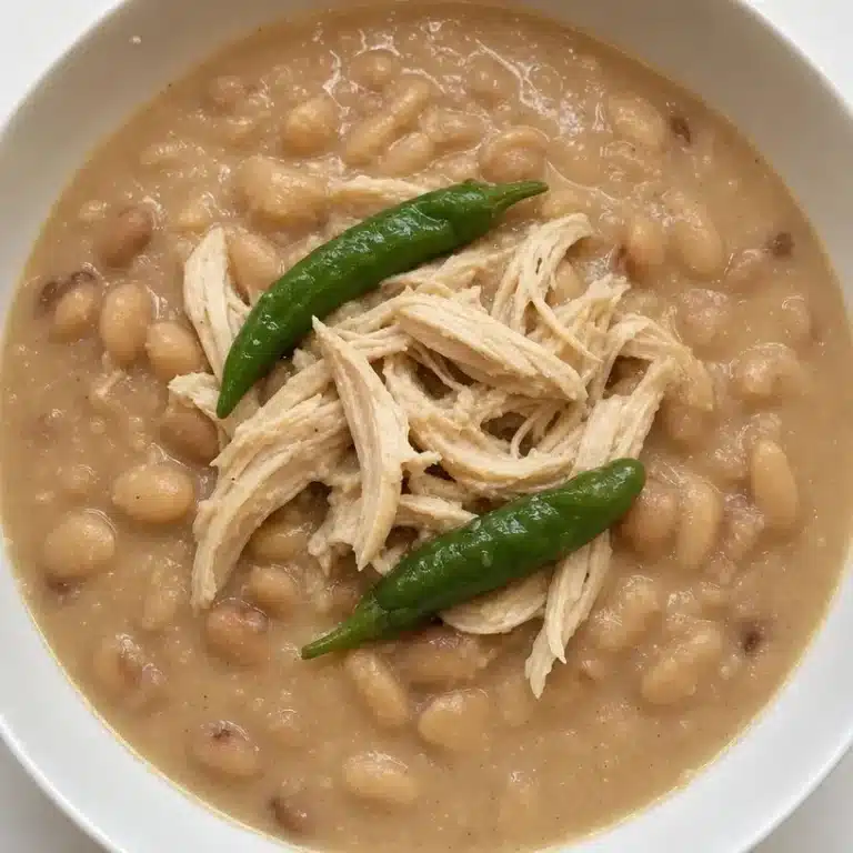 Bowl of slow cooker white chicken chili with chicken, beans, and spices