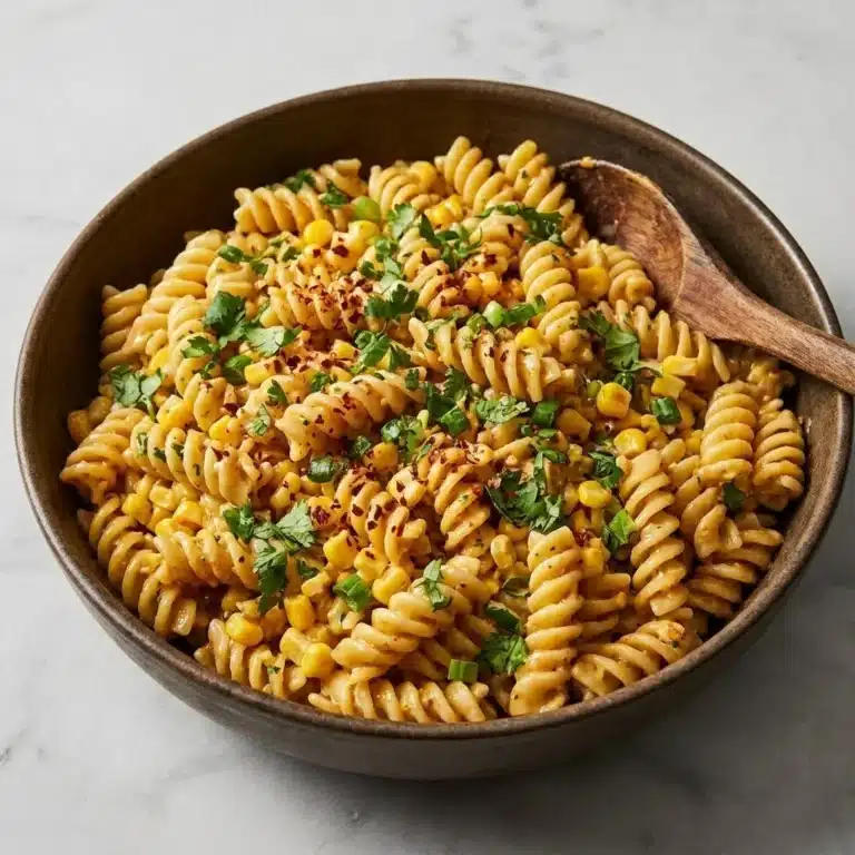Home homemade recipes Delicious street corn pasta salad served in a bowl with fresh ingredients.
