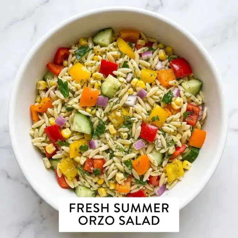 Delicious summer orzo pasta salad topped with colorful vegetables