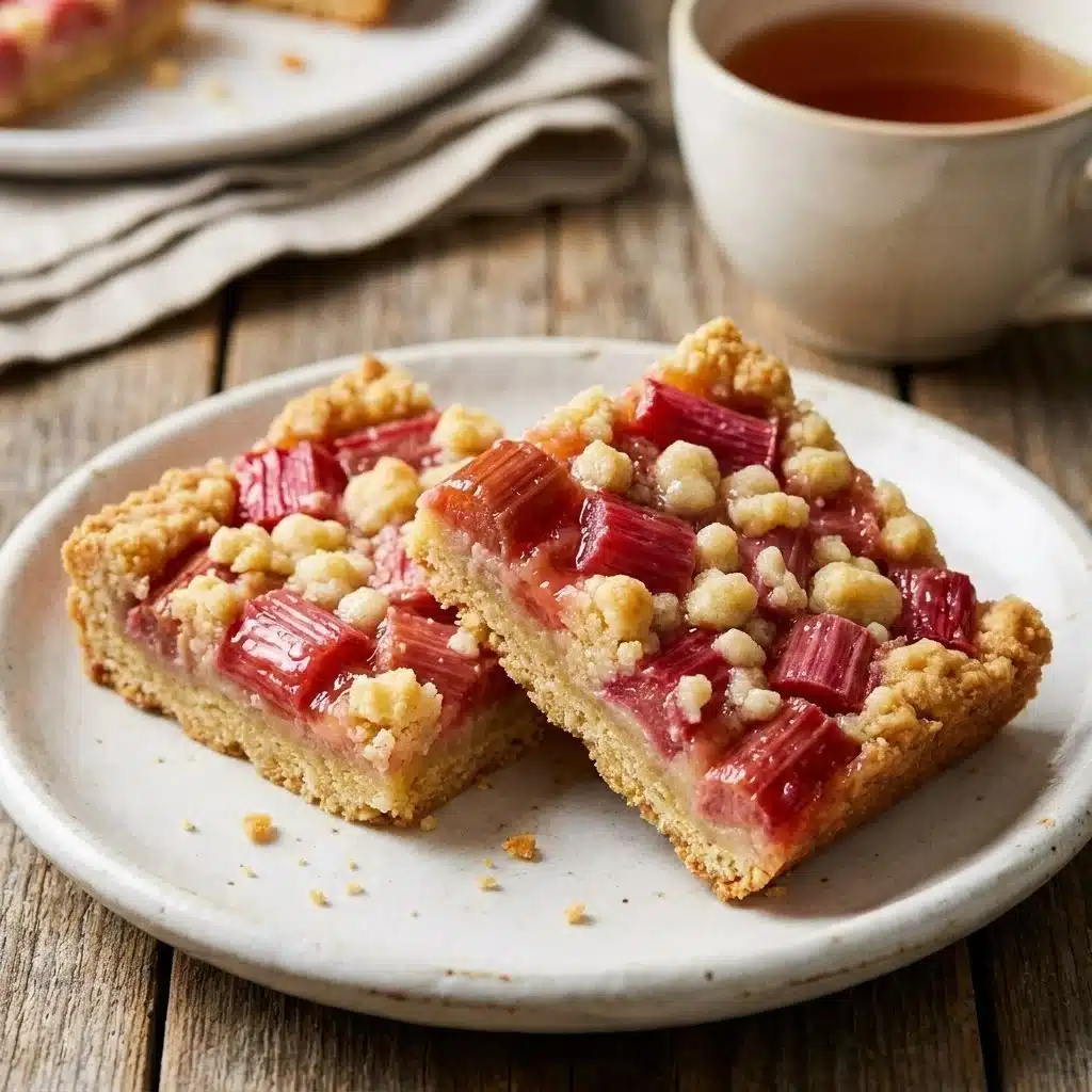 Delicious sweet and tart rhubarb bars on a plate