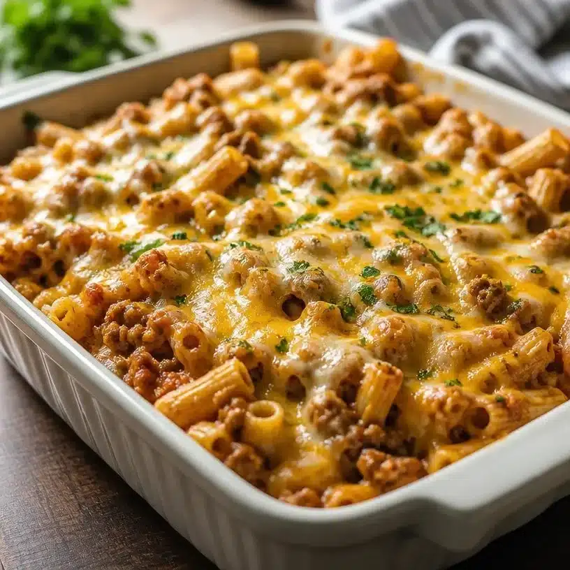 Delicious Taco Pasta Casserole with vibrant toppings and melted cheese