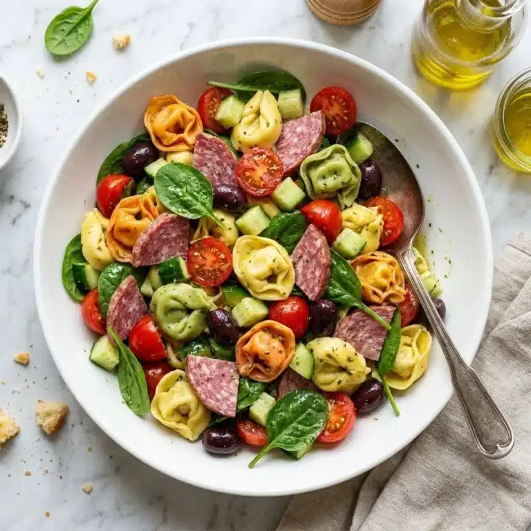 Home homemade recipes Colorful tortellini pasta salad with fresh vegetables and herbs