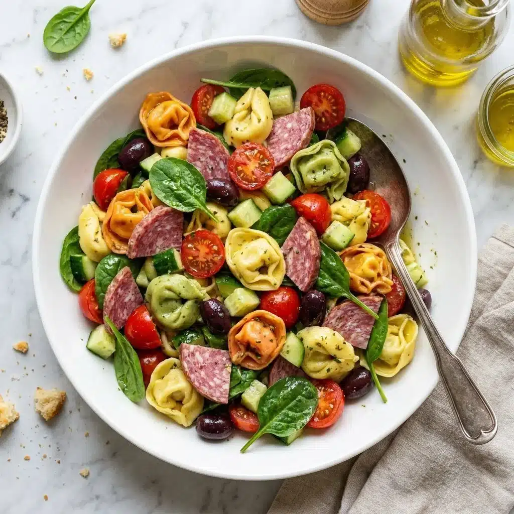 Colorful tortellini pasta salad with fresh vegetables and herbs
